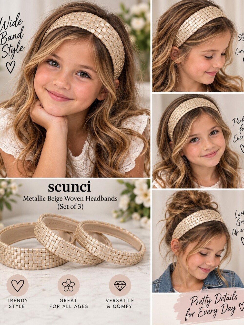 scunci Metallic Beige Woven Headbands (Set of 3)